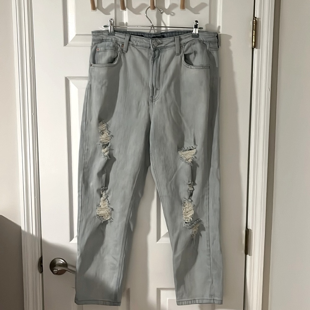 High Rise Distressed Taper Mom Jean